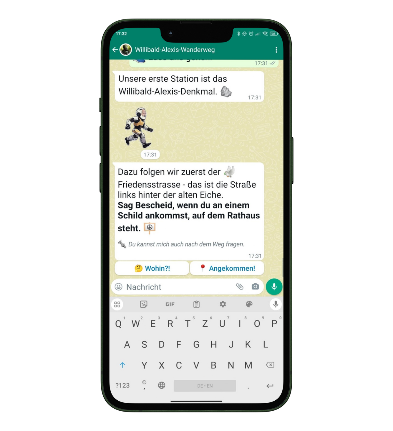 Ein Smartphone mit einer Wegbeschreibung in WhatsApp
